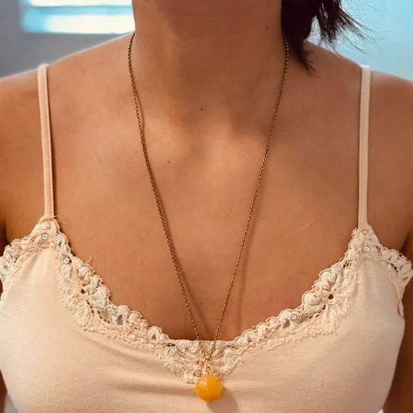 Whimsical Gold Necklace with Large Round Buttercream  Pendant - Picture 2 of 3